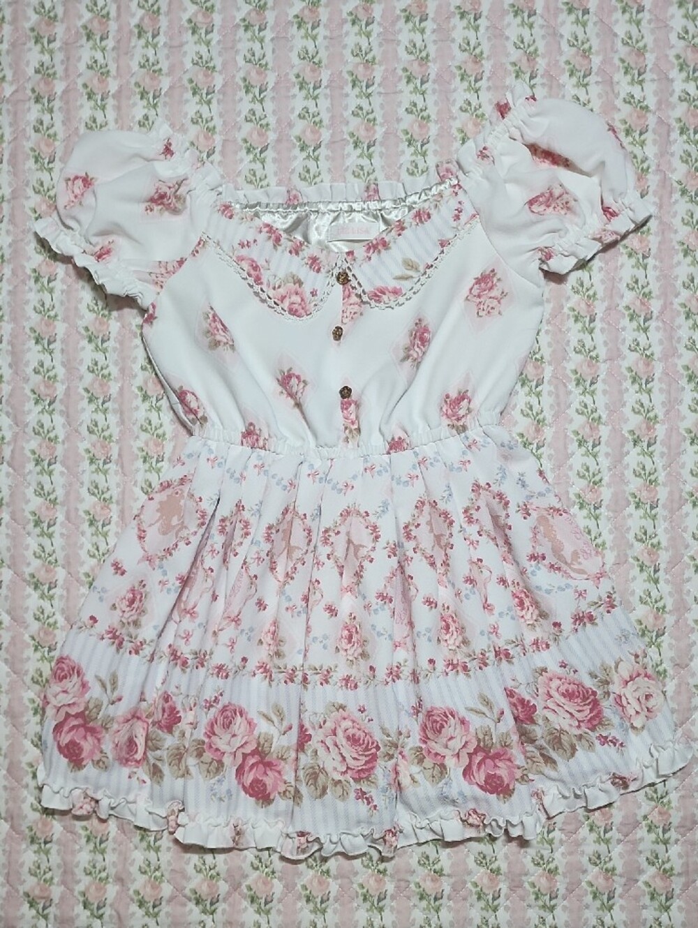 Limited Rare 🎀 LIZ LISA Mermaid Pink Rose Pattern Puff Short Sleeves Top Blouse